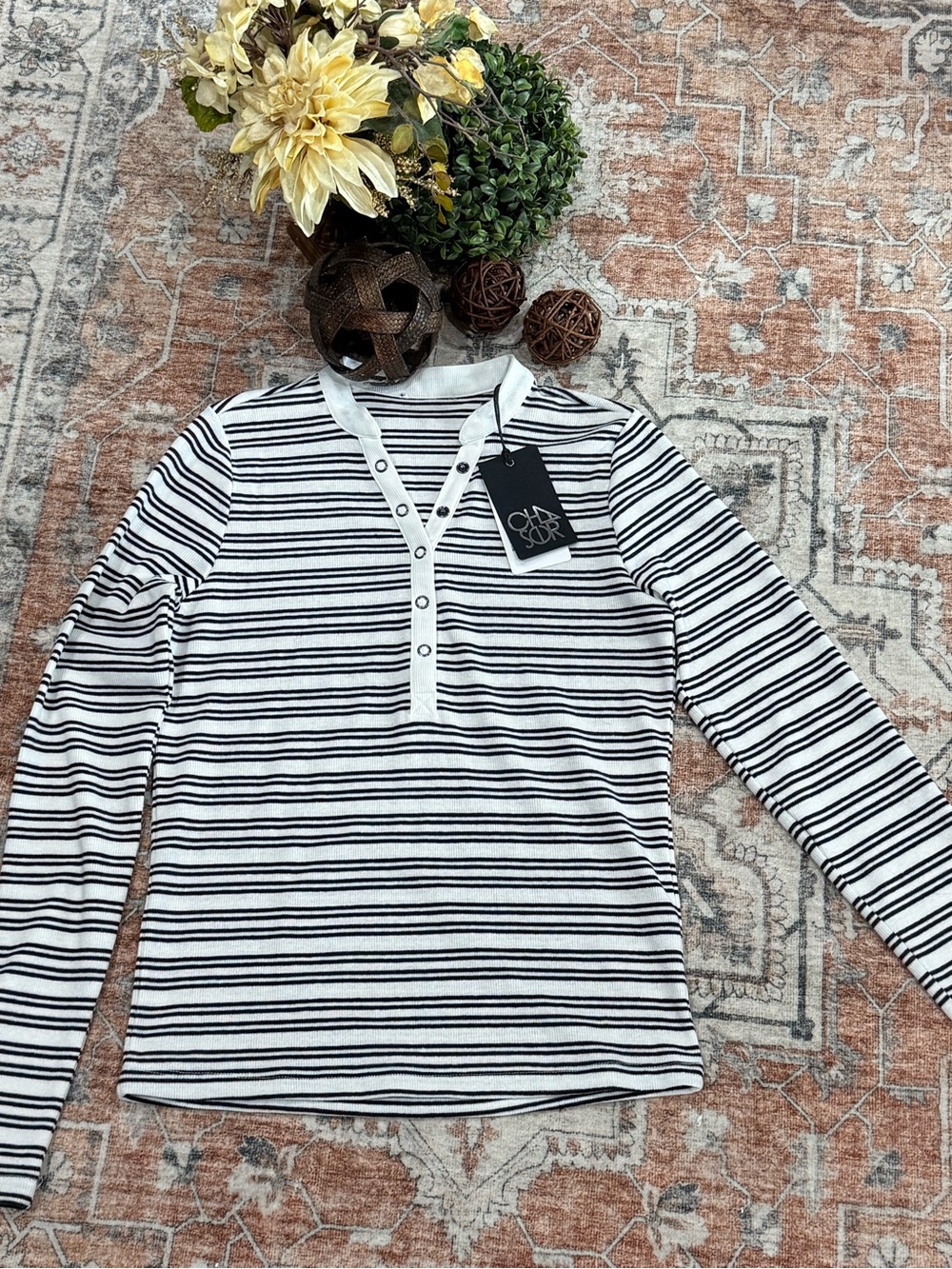 Chaser Black & White Striped Long-Sleeve Henley